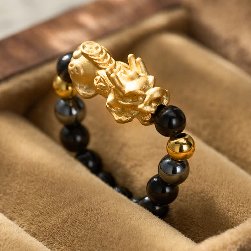 Buddha Stones Anello mini elasticizzato con perline in ossidiana nera, pirite, ematite, rame Pi Xiu per ricchezza ed energia - image 21