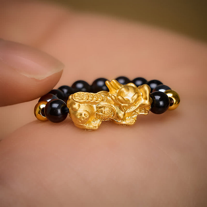 Buddha Stones Anello mini elasticizzato con perline in ossidiana nera, pirite, ematite, rame Pi Xiu per ricchezza ed energia - image 22