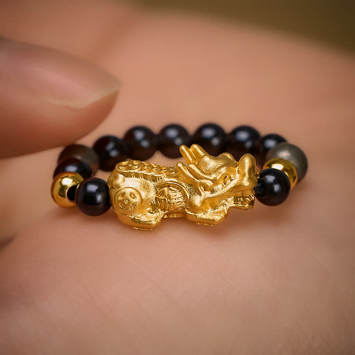 Buddha Stones Anello mini elasticizzato con perline in ossidiana nera, pirite, ematite, rame Pi Xiu per ricchezza ed energia - image 13