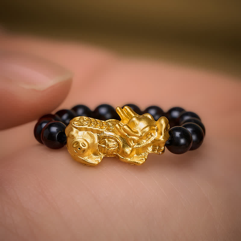 Buddha Stones Anello mini elasticizzato Pi Xiu in rame e ossidiana nera per forza ed energia - image 9