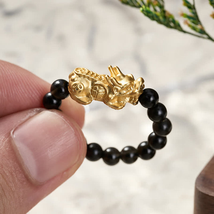 Buddha Stones Anello mini elasticizzato Pi Xiu in rame e ossidiana nera per forza ed energia - image 4