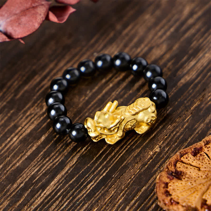 Buddha Stones Anello mini elasticizzato Pi Xiu in rame e ossidiana nera per forza ed energia - image 3
