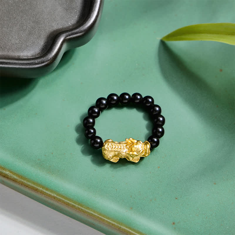 Buddha Stones Anello mini elasticizzato Pi Xiu in rame e ossidiana nera per forza ed energia - image 10