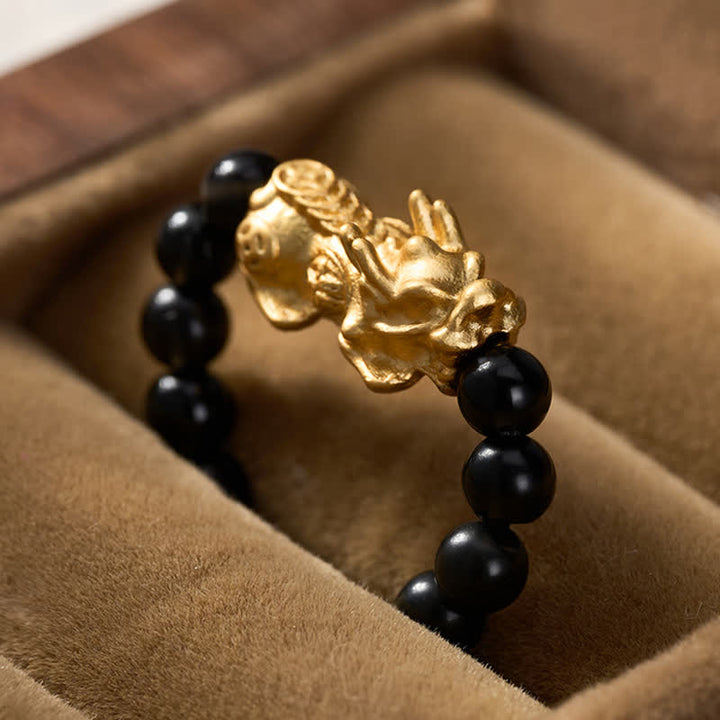 Buddha Stones Anello mini elasticizzato Pi Xiu in rame e ossidiana nera per forza ed energia - image 12