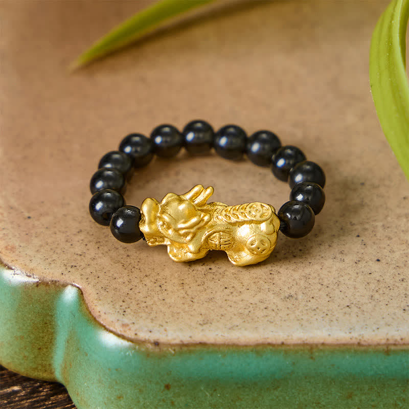 Buddha Stones Anello mini elasticizzato Pi Xiu in rame e ossidiana nera per forza ed energia - image 2
