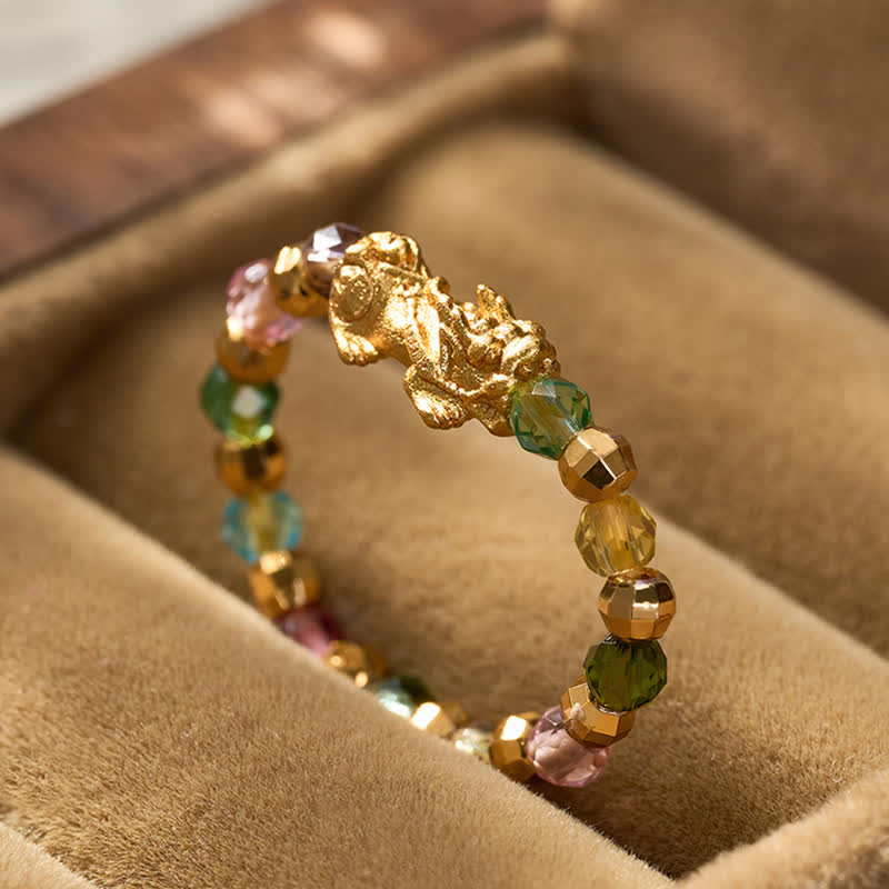 Buddha Stones Anello mini elastico con perline Pi Xiu in rame sfaccettato multicolore per ricchezza ed energia - image 3
