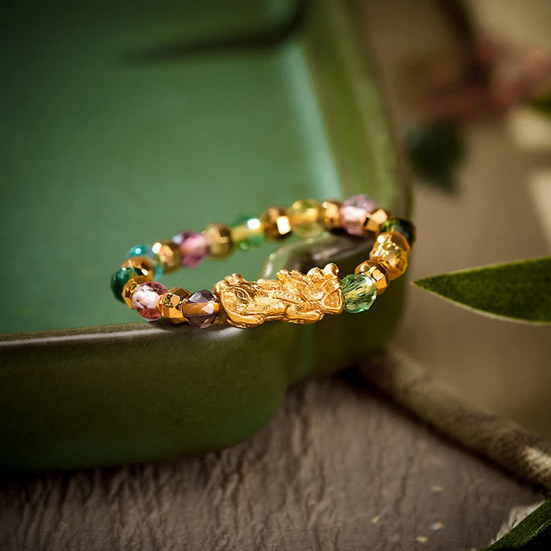 Buddha Stones Anello mini elastico con perline Pi Xiu in rame sfaccettato multicolore per ricchezza ed energia - image 1