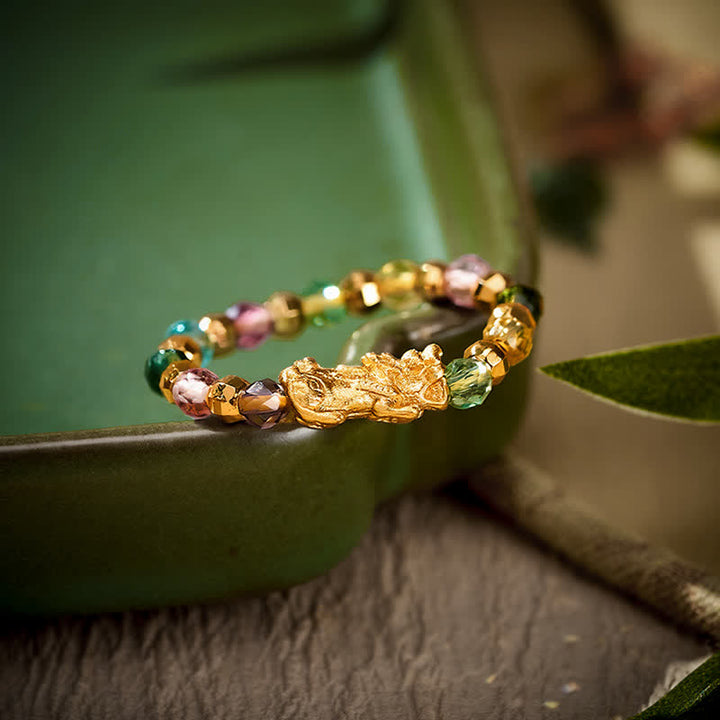 Buddha Stones Anello mini elastico con perline Pi Xiu in rame sfaccettato multicolore per ricchezza ed energia - image 1