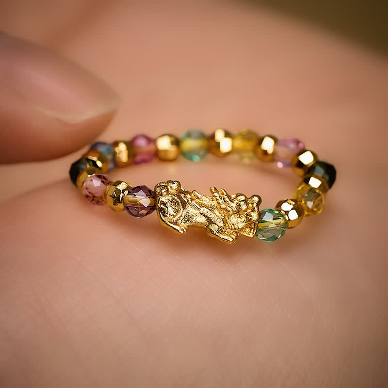 Buddha Stones Anello mini elastico con perline Pi Xiu in rame sfaccettato multicolore per ricchezza ed energia - image 2
