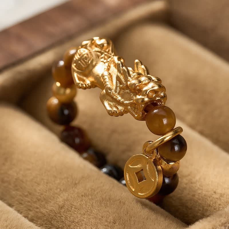 Buddha Stones Mini anello elastico con perline a forma di moneta cinese Tiger Eye Pi Xiu Wealth. - image 3