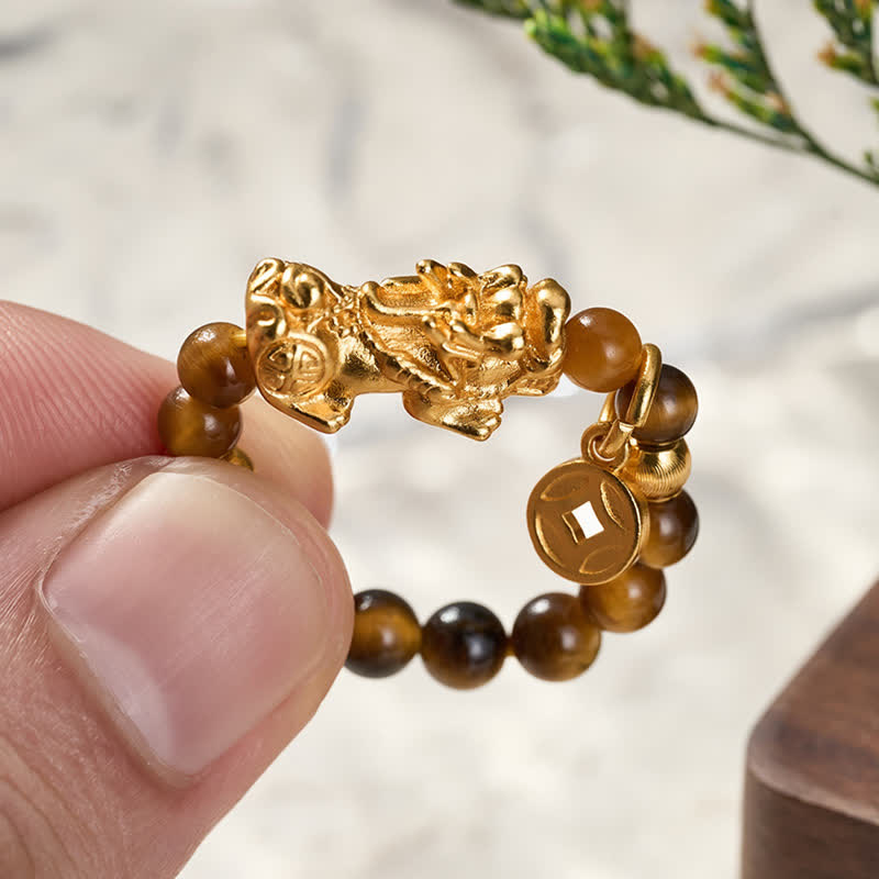 Buddha Stones Mini anello elastico con perline a forma di moneta cinese Tiger Eye Pi Xiu Wealth. - image 4