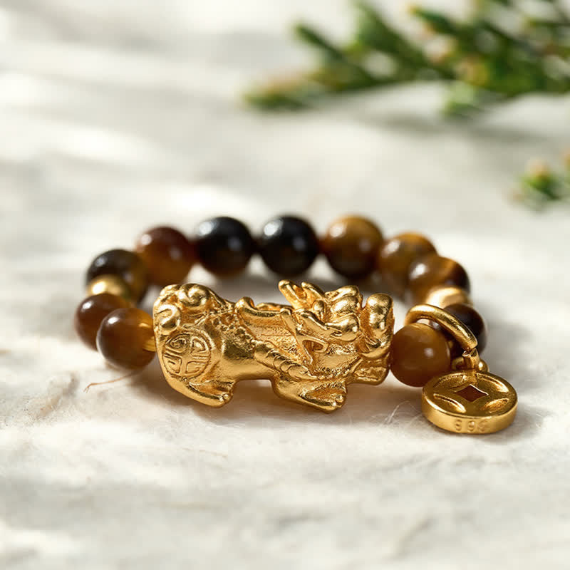 Buddha Stones Mini anello elastico con perline a forma di moneta cinese Tiger Eye Pi Xiu Wealth. - image 1