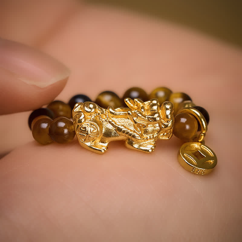 Buddha Stones Mini anello elastico con perline a forma di moneta cinese Tiger Eye Pi Xiu Wealth. - image 2