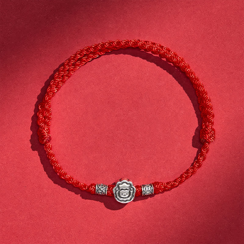 Buddha Stones Braccialetto di protezione portafortuna con simpatico coniglietto in argento sterling 999 e cordino rosso, anno della capra. - Rosso - image 1
