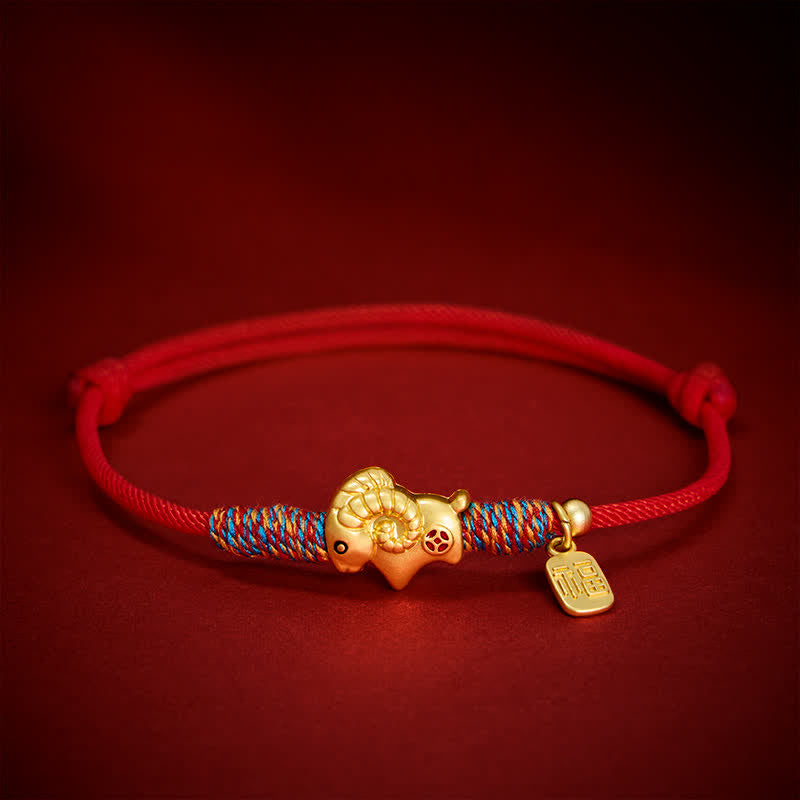 Buddha Stones Anno della Capra Rame Pecora Carina Agnello Personaggio Fu Monete Corda Rossa Braccialetto Portafortuna - Una moneta di rame - Rosso - image 0