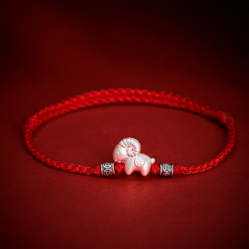 Buddha Stones Bracciale di forza con corda di pecora in argento sterling 999, anno della capra - Rosso - image 0