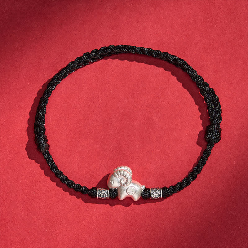 Buddha Stones Bracciale di forza con corda di pecora in argento sterling 999, anno della capra - Nero - image 16