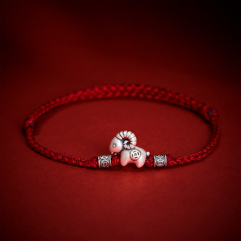 Buddha Stones Braccialetto portafortuna con moneta in rame e agnello in argento sterling 999, anno della capra, con pecora, agnello e filo di rame. - Rosso scuro - image 0