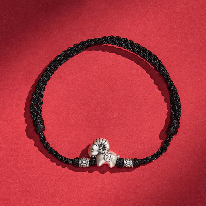 Buddha Stones Braccialetto portafortuna con moneta in rame e agnello in argento sterling 999, anno della capra, con pecora, agnello e filo di rame. - Nero - image 16