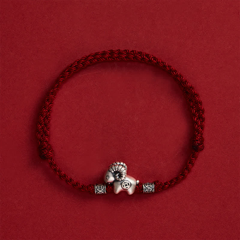 Buddha Stones Braccialetto portafortuna con moneta in rame e agnello in argento sterling 999, anno della capra, con pecora, agnello e filo di rame. - image 2