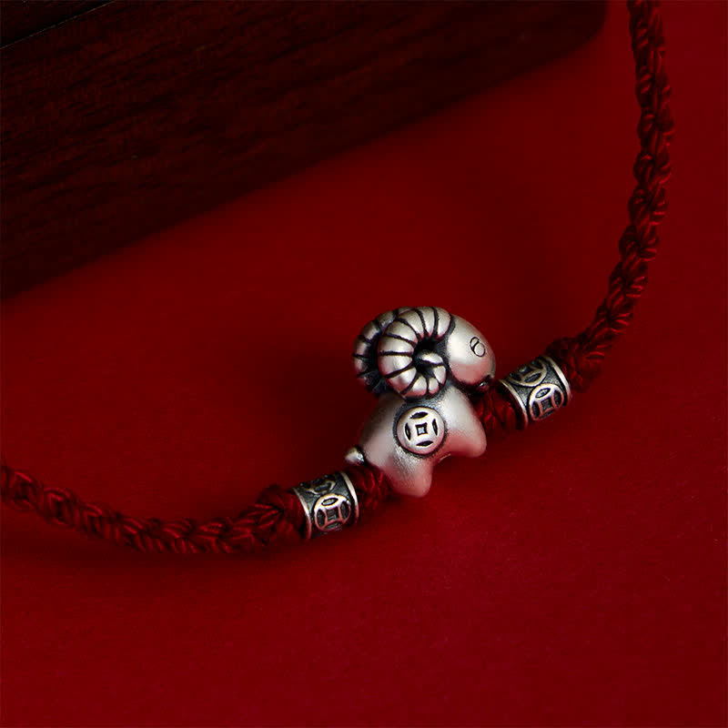 Buddha Stones Braccialetto portafortuna con moneta in rame e agnello in argento sterling 999, anno della capra, con pecora, agnello e filo di rame. - image 3