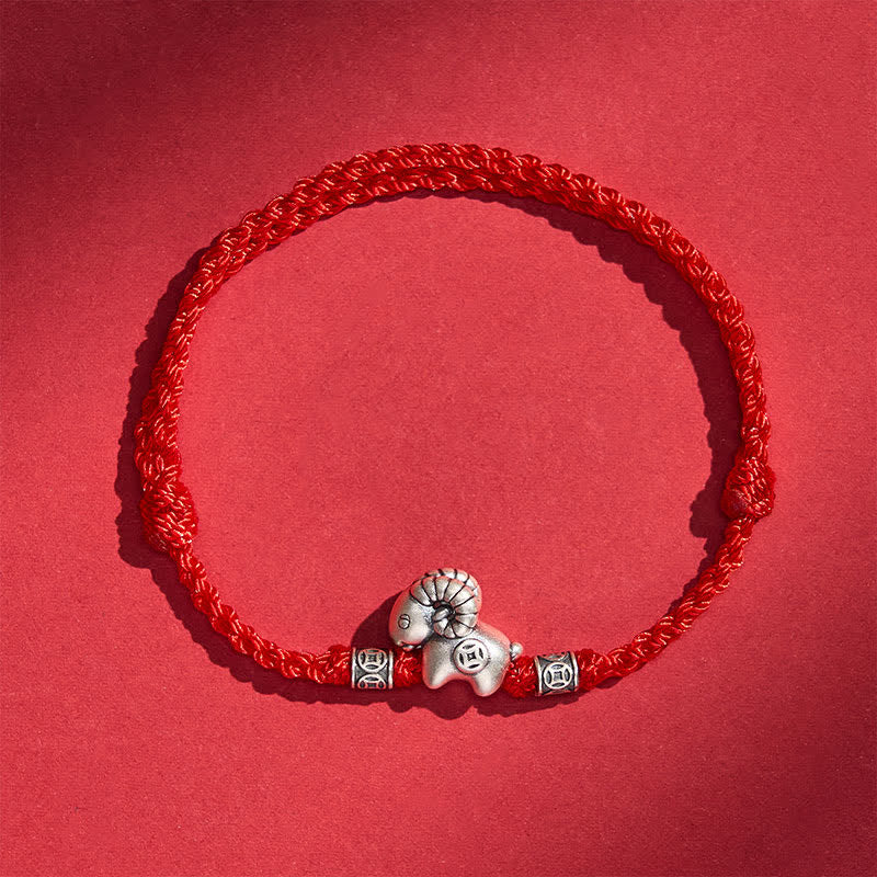Buddha Stones Braccialetto portafortuna con moneta in rame e agnello in argento sterling 999, anno della capra, con pecora, agnello e filo di rame. - Rosso - image 11