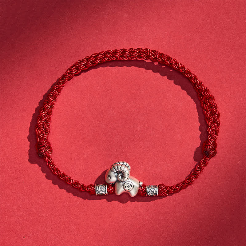 Buddha Stones Braccialetto portafortuna con moneta in rame e agnello in argento sterling 999, anno della capra, con pecora, agnello e filo di rame. - image 1
