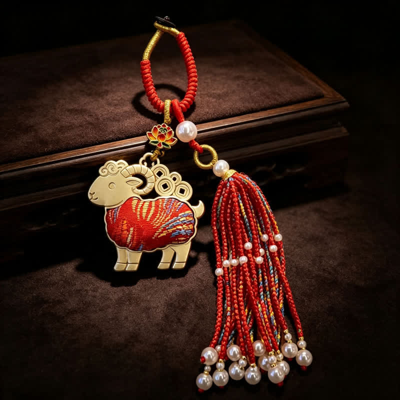 Buddha Stones Portachiavi con nappina di perle, broccato, loto e purezza - Rosso - image 0