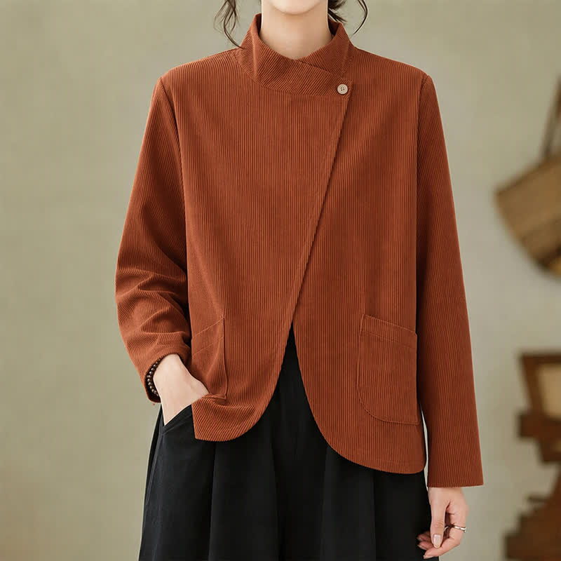 Buddha Stones Camicia da donna a maniche lunghe in velluto a coste tinta unita, casual, con colletto alla coreana e parte anteriore asimmetrica, per autunno/inverno, con tasche. - image 1