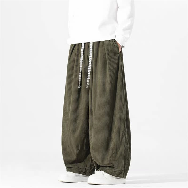 Buddha Stones Pantaloni basici primavera autunno con coulisse, tinta unita, in velluto a coste, da uomo, gamba dritta con tasche - Verde oliva scuro - US/UK/AU46, EU56 (5XL) - image 0