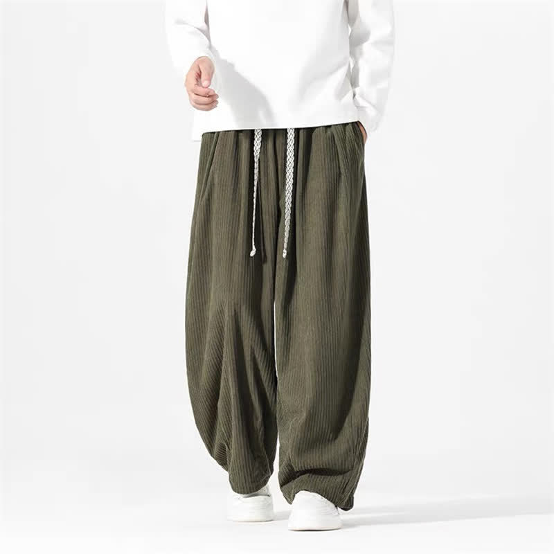 Buddha Stones Pantaloni basici primavera autunno con coulisse, tinta unita, in velluto a coste, da uomo, gamba dritta con tasche - image 1