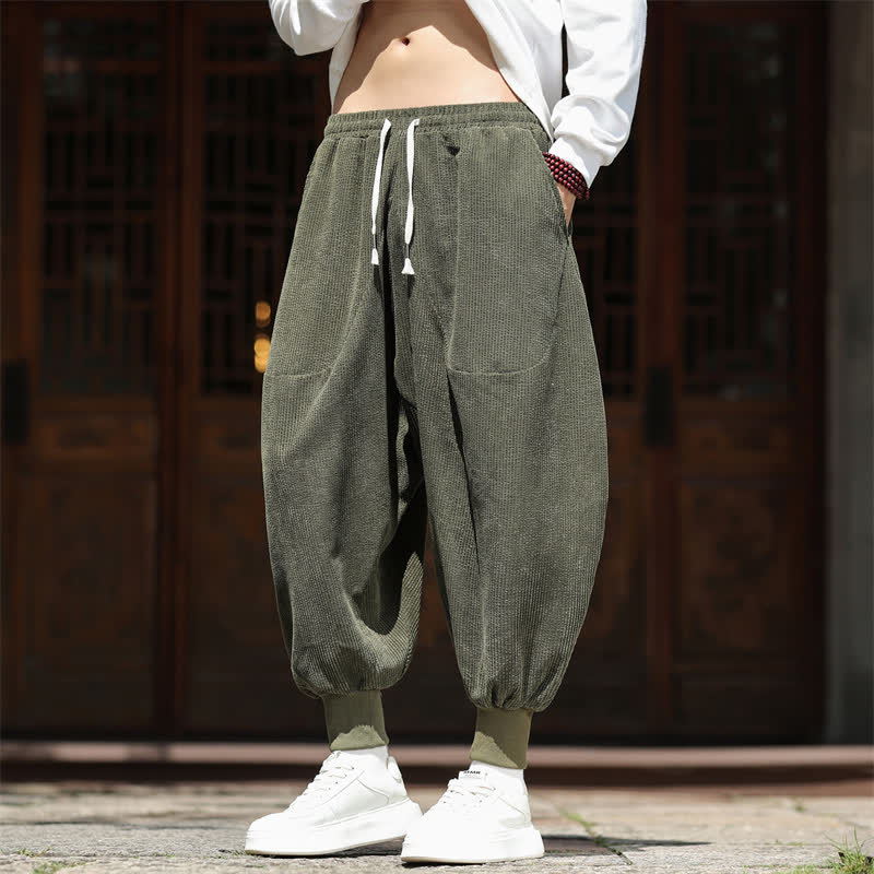 Buddha Stones Pantaloni corti vintage casual autunno/inverno in velluto a coste da uomo, pantaloni harem con tasche - Verde oliva scuro - US/UK/AU46, EU56 (5XL) - image 0