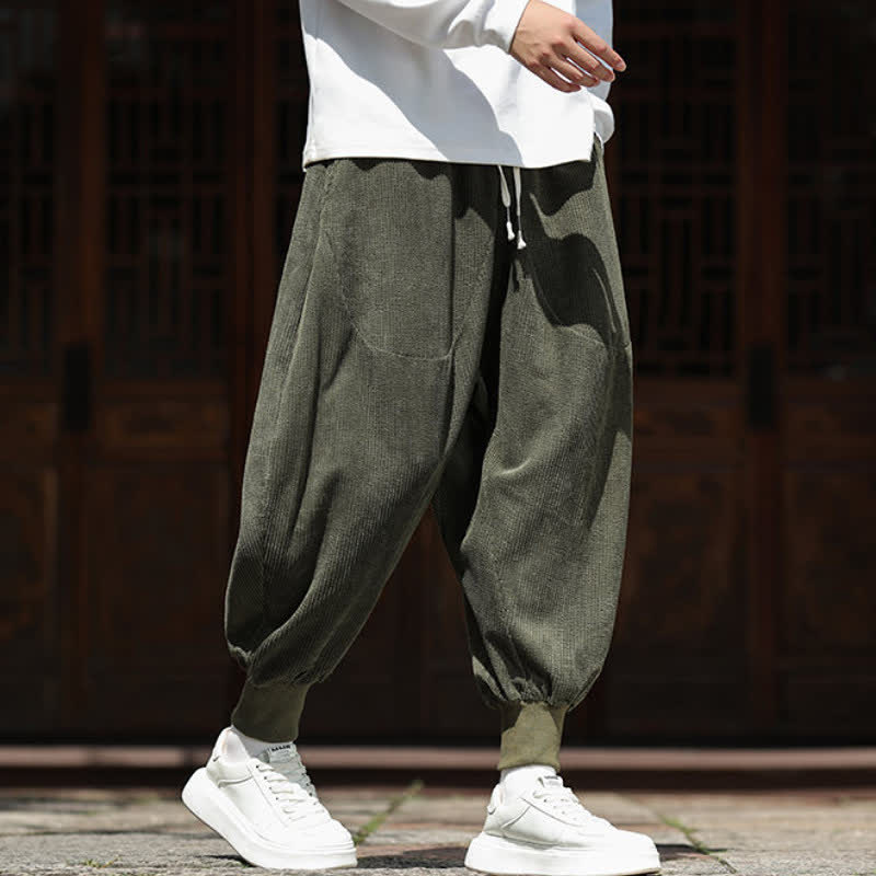Buddha Stones Pantaloni corti vintage casual autunno/inverno in velluto a coste da uomo, pantaloni harem con tasche - image 1