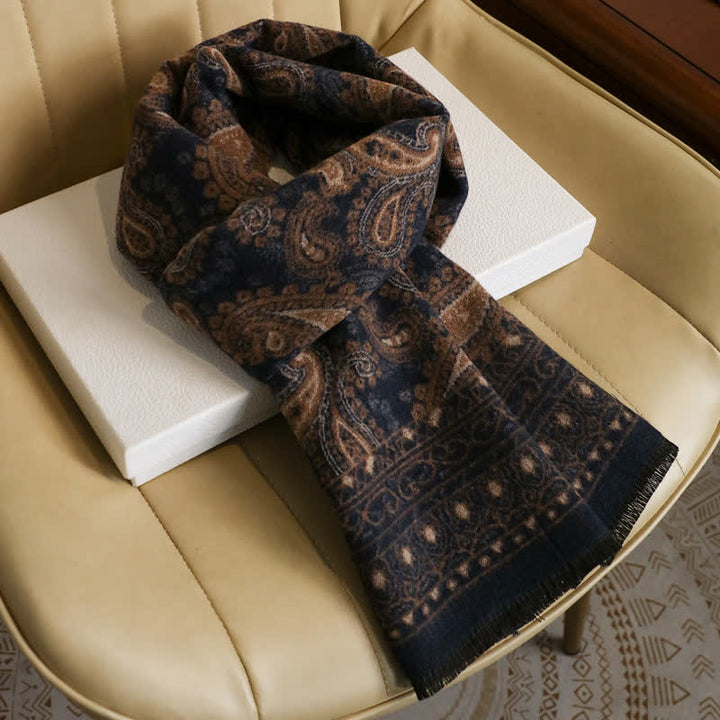 Buddha Stones Sciarpa da uomo autunnale/invernale vintage con stampa paisley e nappe. - Nero Marrone chiaro Circa 180 × 30 cm - image 0