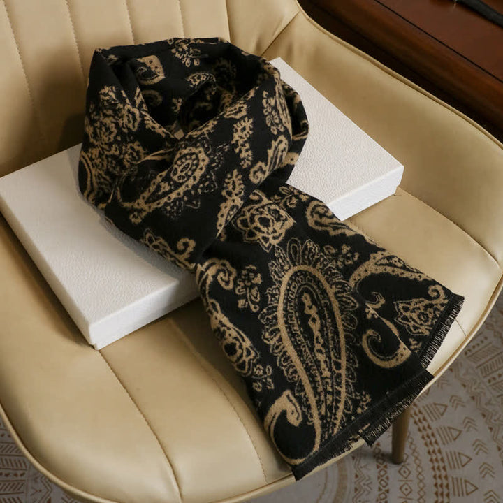 Buddha Stones Sciarpa da uomo autunnale/invernale vintage con stampa paisley e nappe. - Nero Beige Circa 180 × 30 cm - image 3
