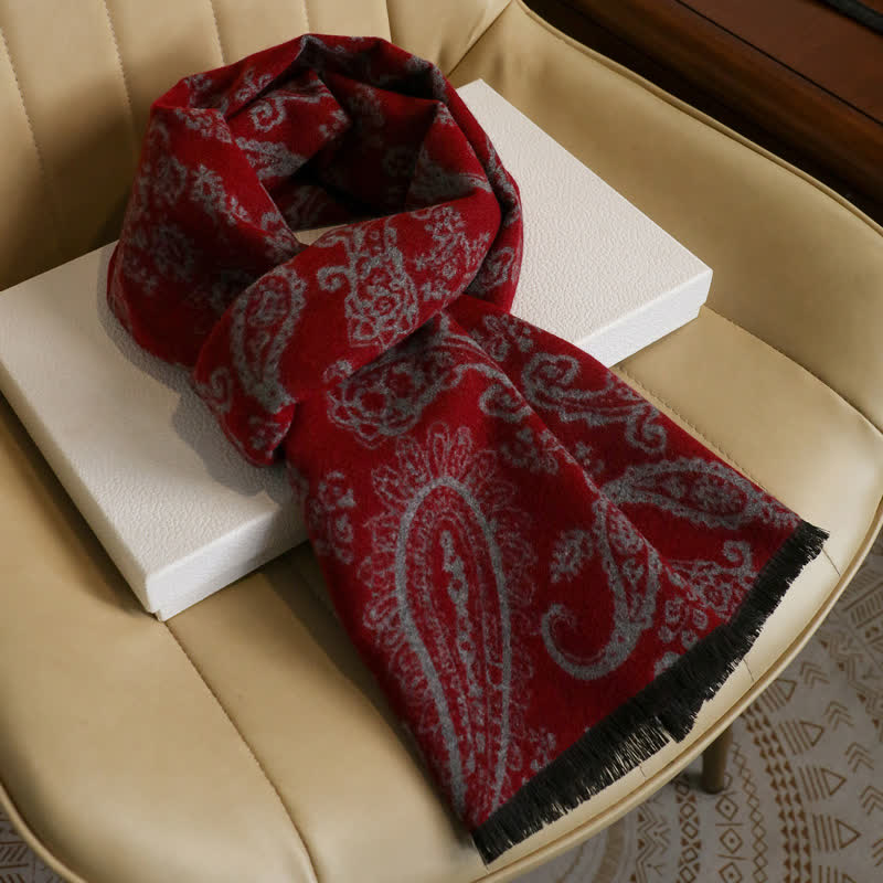 Buddha Stones Sciarpa da uomo autunnale/invernale vintage con stampa paisley e nappe. - Rosso vino, circa 180 × 30 cm - image 4