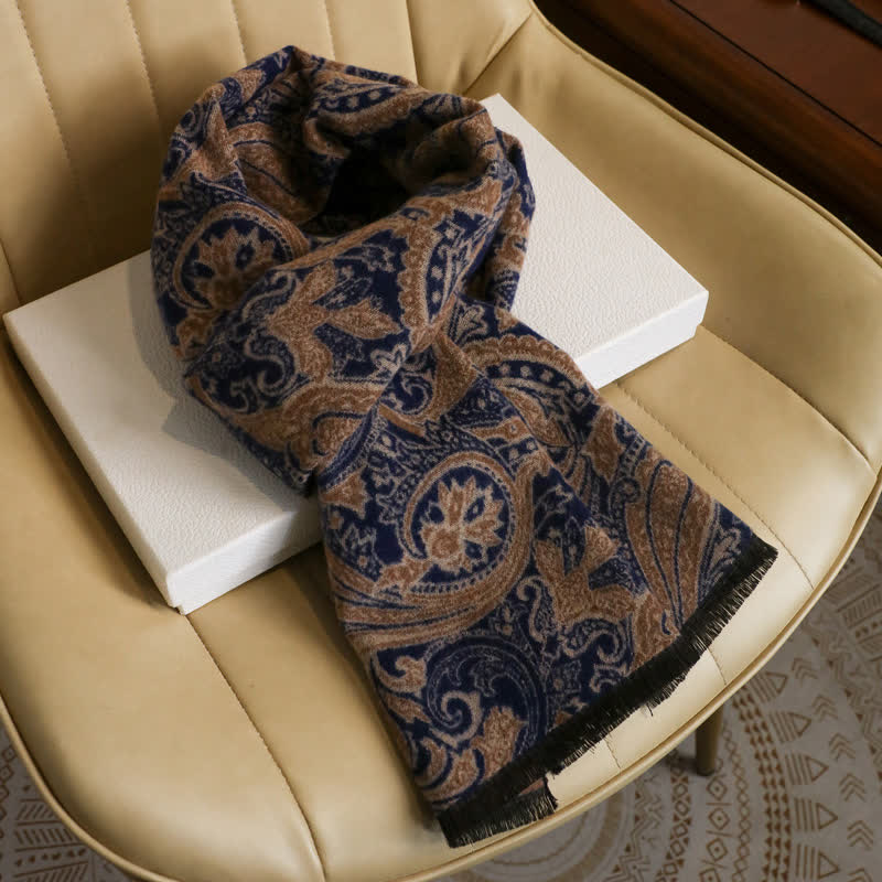 Buddha Stones Sciarpa da uomo autunnale/invernale vintage con stampa paisley e nappe. - Blu e marrone chiaro, circa 180 × 30 cm - image 7