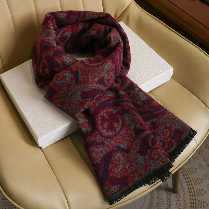 Buddha Stones Sciarpa da uomo autunnale/invernale vintage con stampa paisley e nappe. - Rosso Blu Circa 180 × 30 cm - image 6