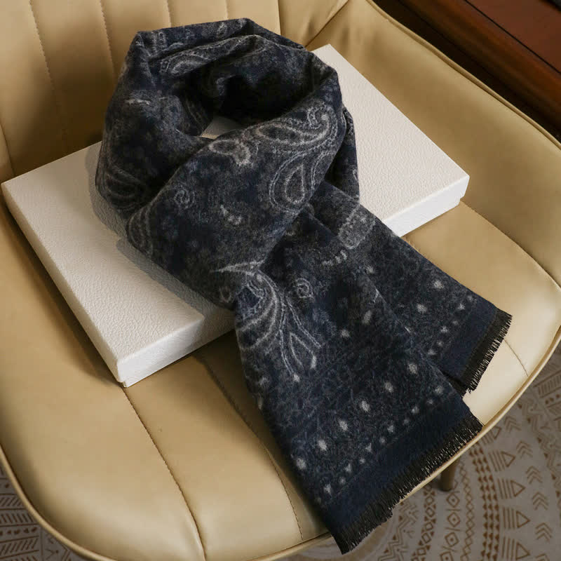 Buddha Stones Sciarpa da uomo autunnale/invernale vintage con stampa paisley e nappe. - Blu notte, circa 180 × 30 cm - image 9