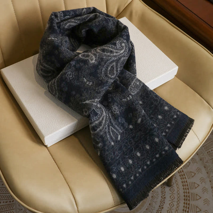 Buddha Stones Sciarpa da uomo autunnale/invernale vintage con stampa paisley e nappe. - Blu notte, circa 180 × 30 cm - image 9