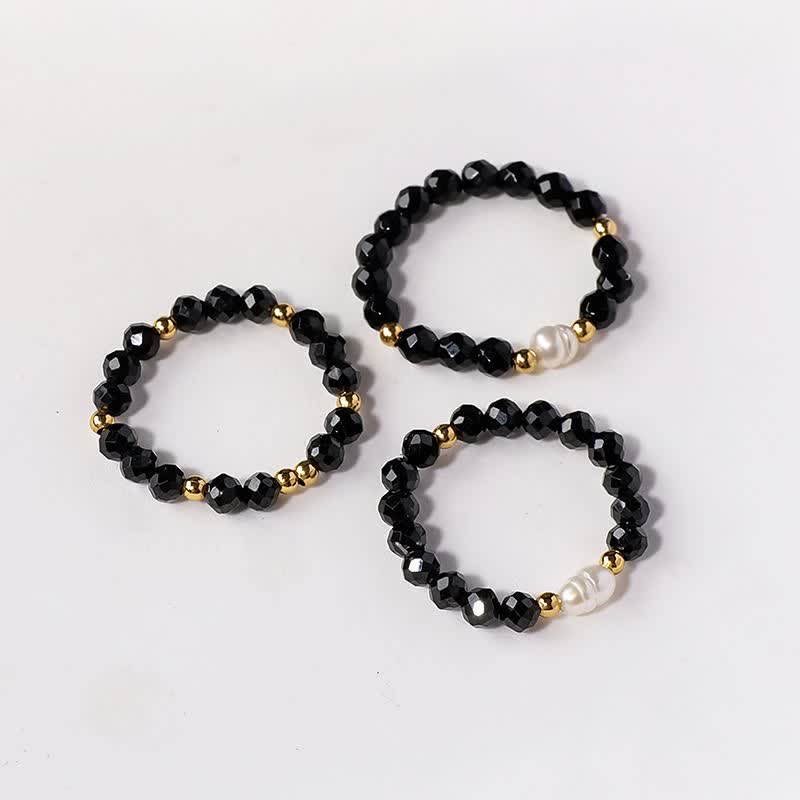 Buddha Stones Anello impilabile sfaccettato con perla protettiva in spinello nero e spinello nero. - image 1