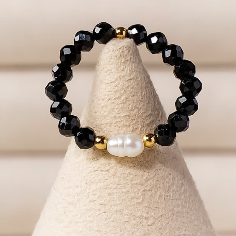 Buddha Stones Anello impilabile sfaccettato con perla protettiva in spinello nero e spinello nero. - image 2
