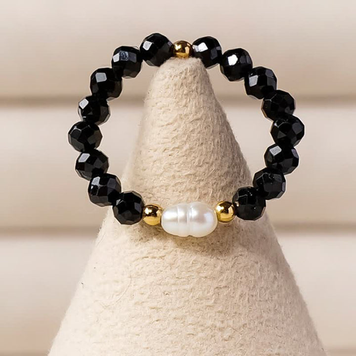 Buddha Stones Anello impilabile sfaccettato con perla protettiva in spinello nero e spinello nero. - image 2