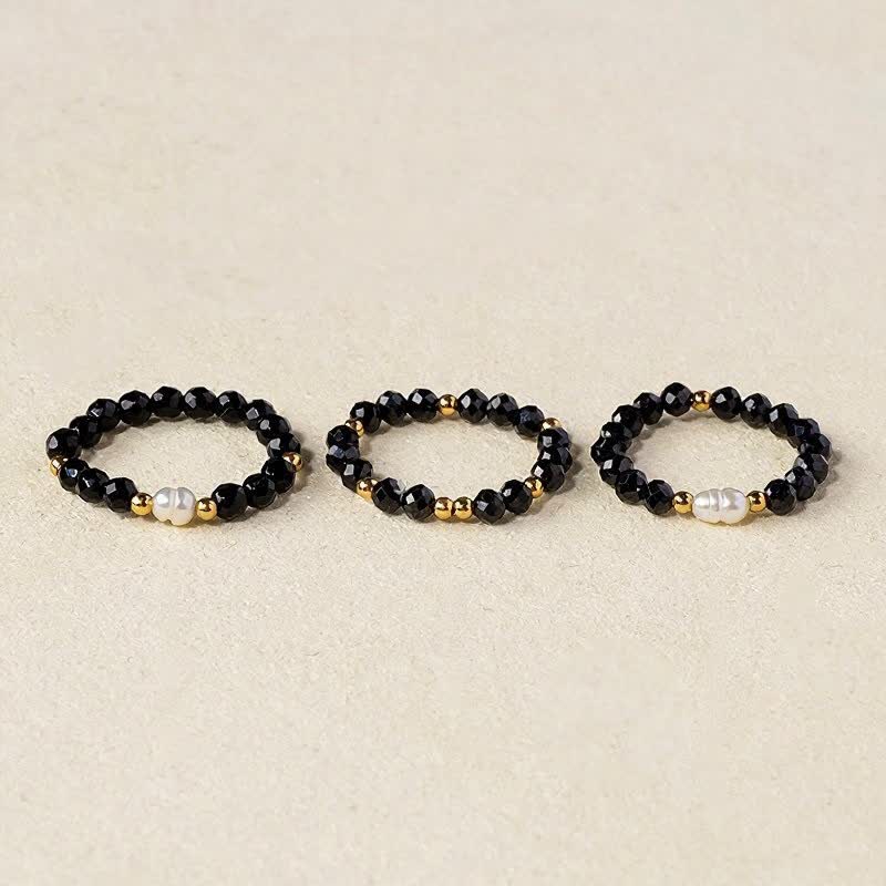 Buddha Stones Anello impilabile sfaccettato con perla protettiva in spinello nero e spinello nero. - Spinello nero (motivazione ♥ protezione) - image 0