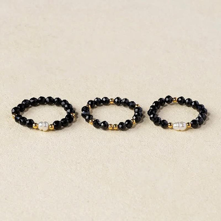 Buddha Stones Anello impilabile sfaccettato con perla protettiva in spinello nero e spinello nero. - Spinello nero (motivazione ♥ protezione) - image 0