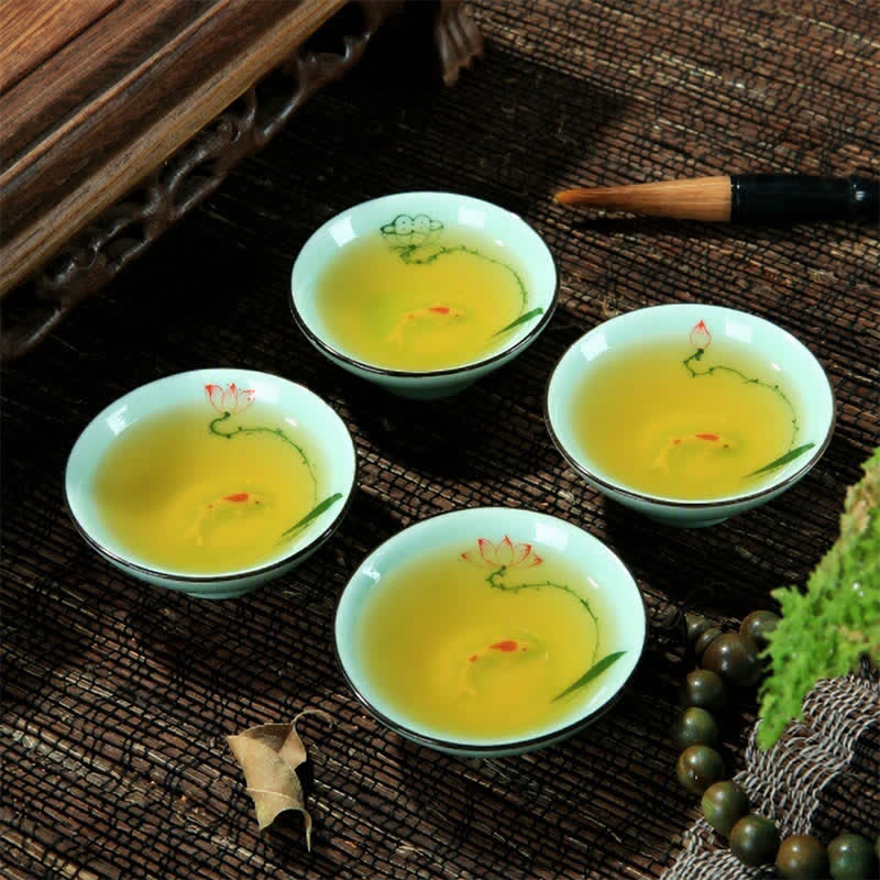 Buddha Stones Tazza da tè Douli in ceramica celadon dipinta a mano con motivo loto e carpa koi. - image 13