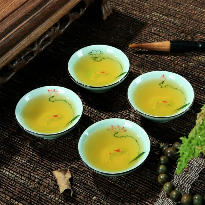 Buddha Stones Tazza da tè Douli in ceramica celadon dipinta a mano con motivo loto e carpa koi. - image 13