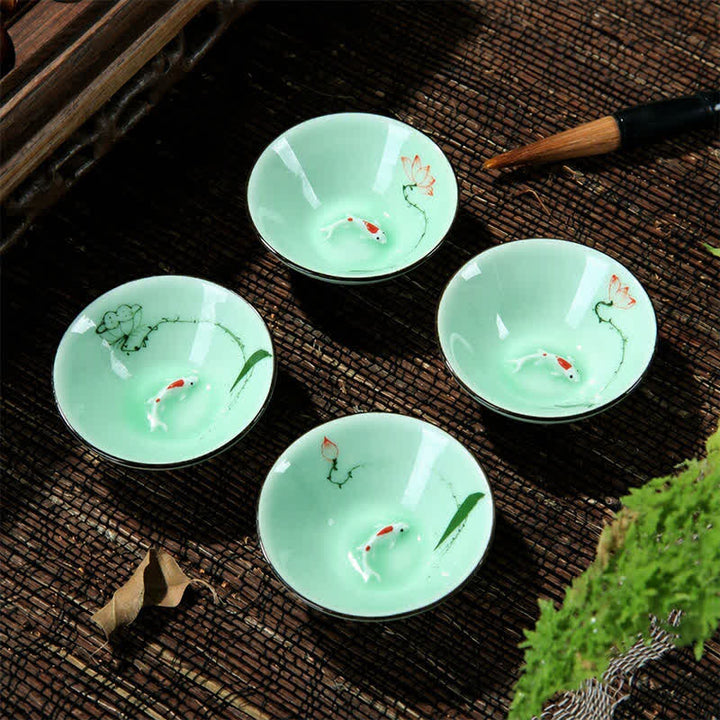 Buddha Stones Tazza da tè Douli in ceramica celadon dipinta a mano con motivo loto e carpa koi. - image 11