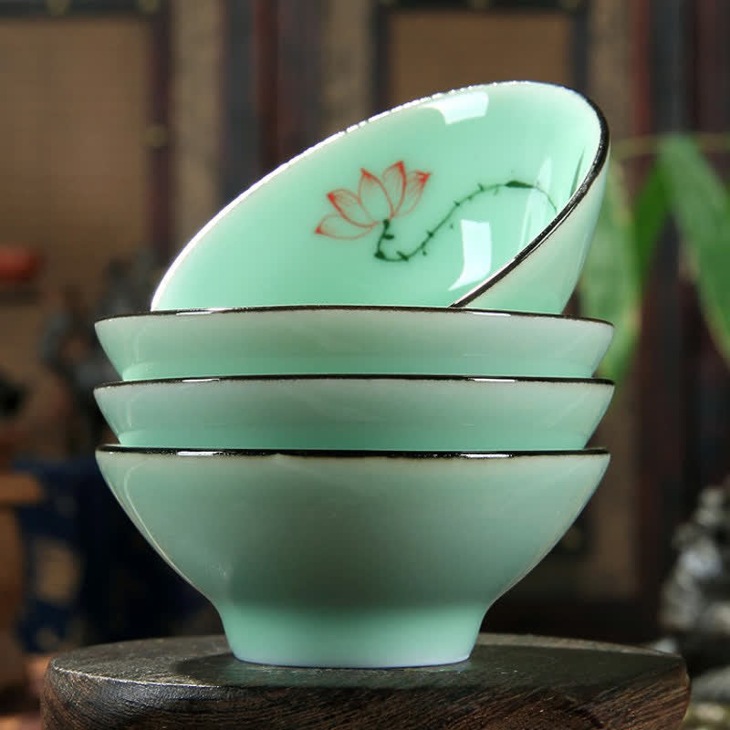 Buddha Stones Tazza da tè Douli in ceramica celadon dipinta a mano con motivo loto e carpa koi. - image 4
