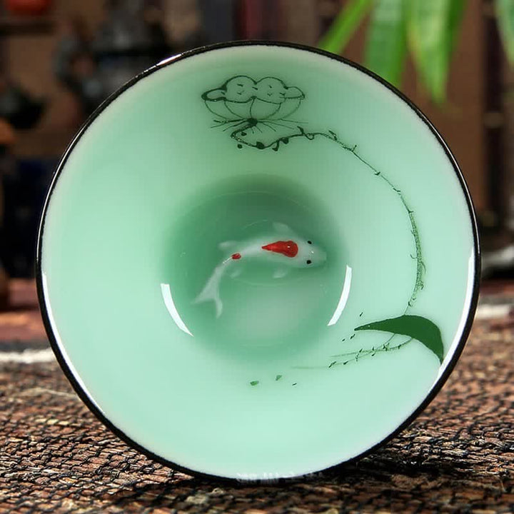 Buddha Stones Tazza da tè Douli in ceramica celadon dipinta a mano con motivo loto e carpa koi. - Baccello di semi - image 8